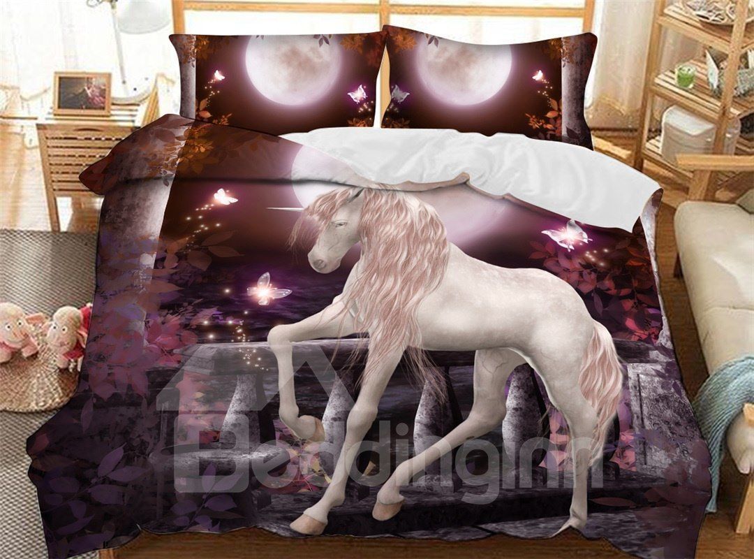 White Horse By The Lake In The Purple Moonlight Bedding Set