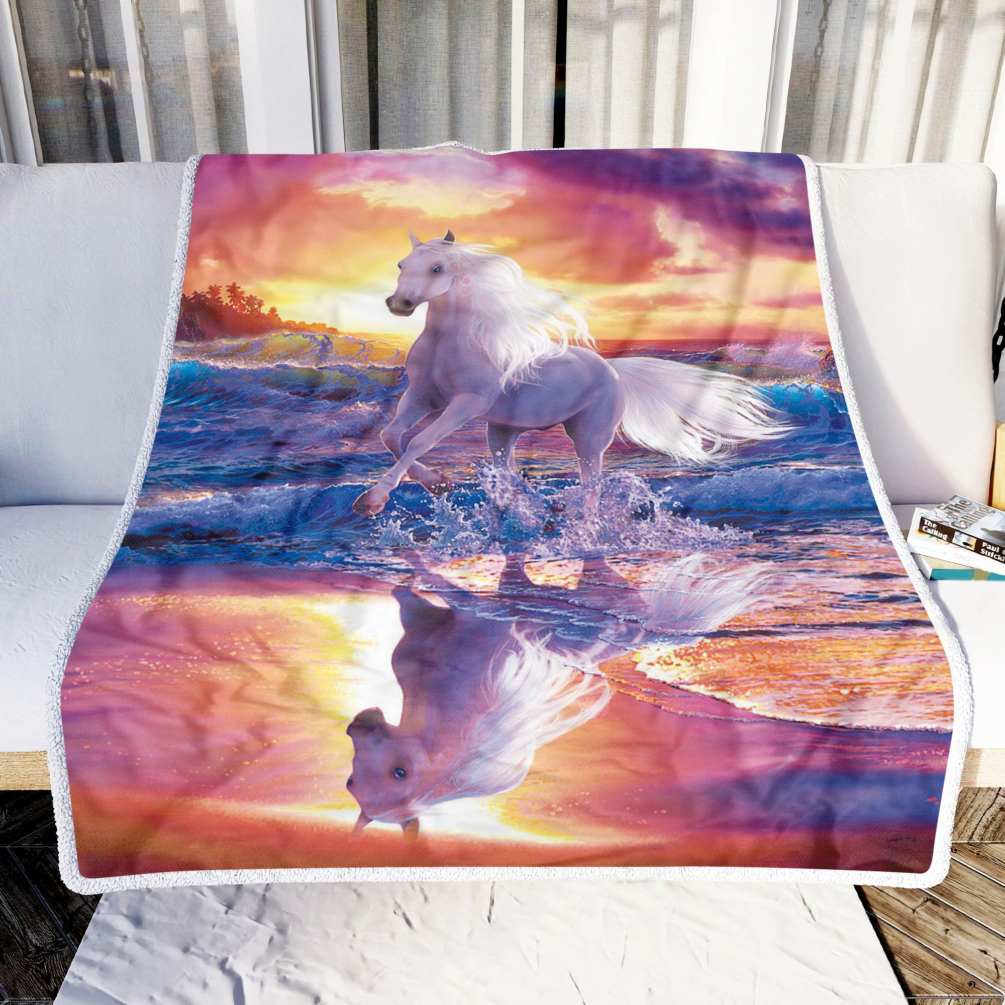 White Horse On The Beach Art Fleece Blanket