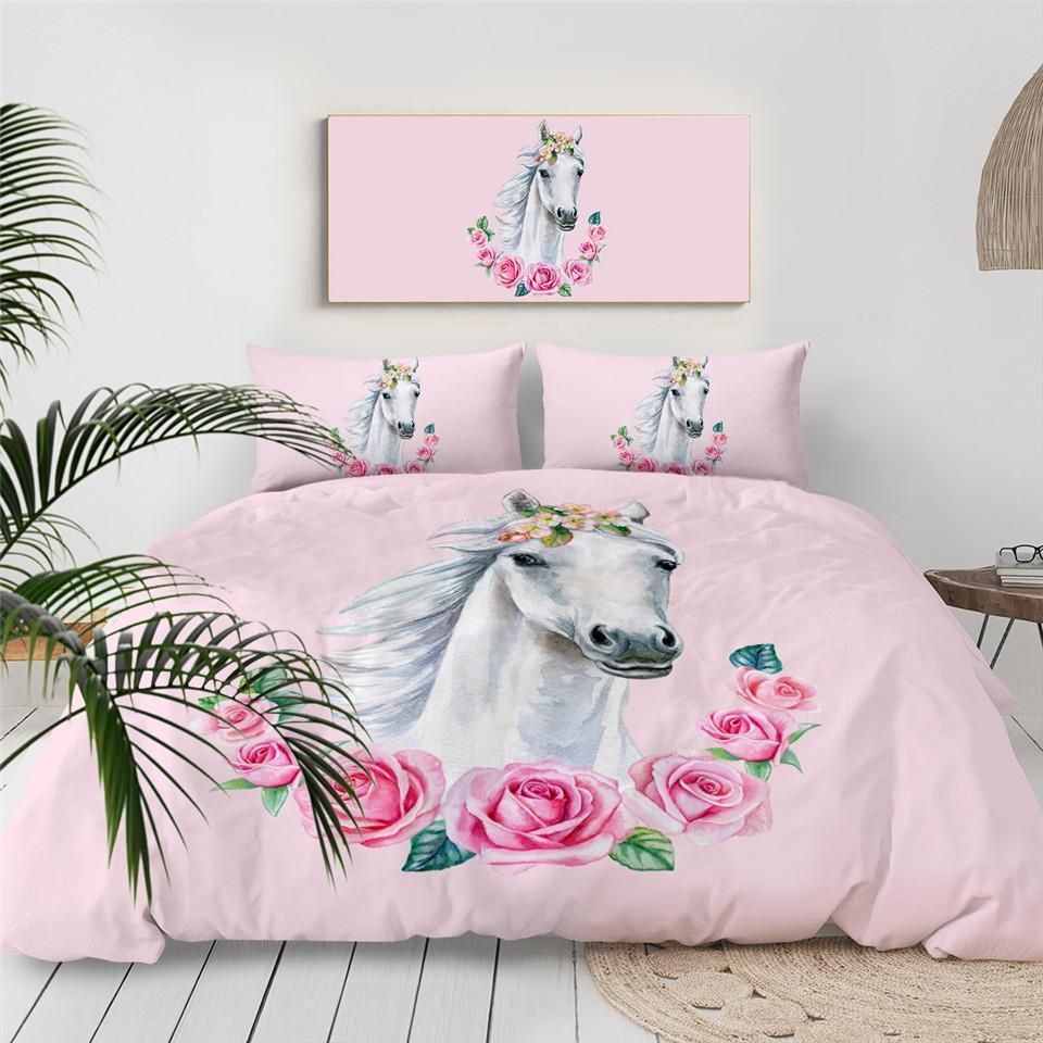 White Horse Pink Rose Pattern Bedding Set