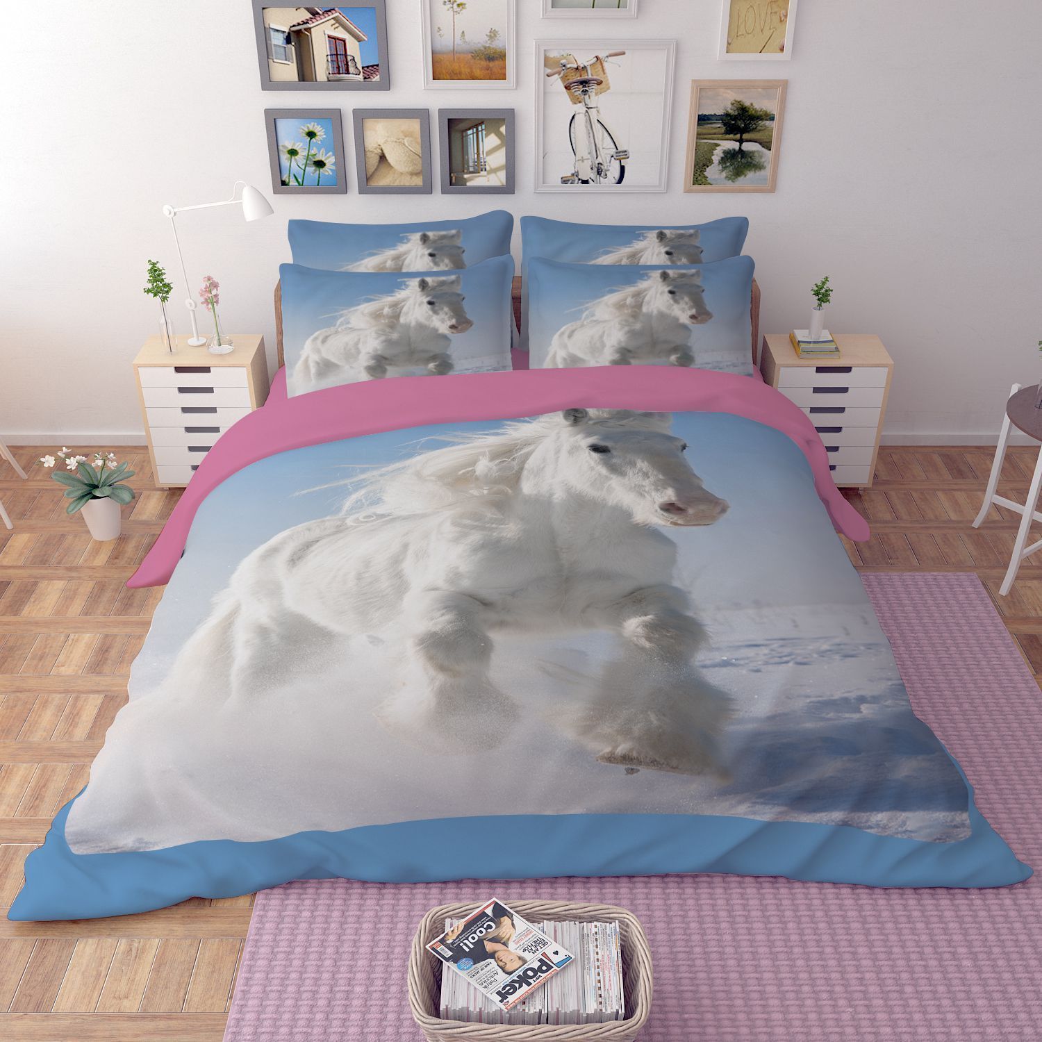 White Horse Running In Snow Bedding Set