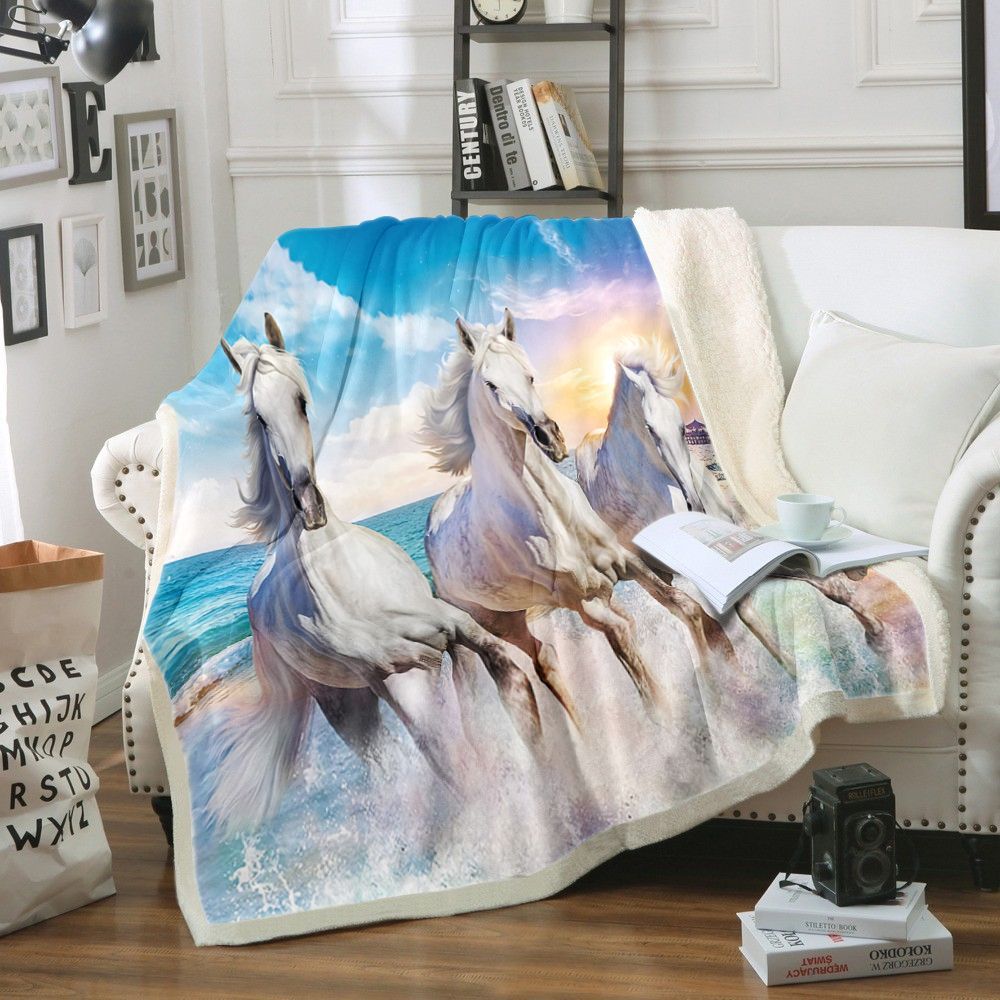 White Horse Sherpa Fleece Blanket