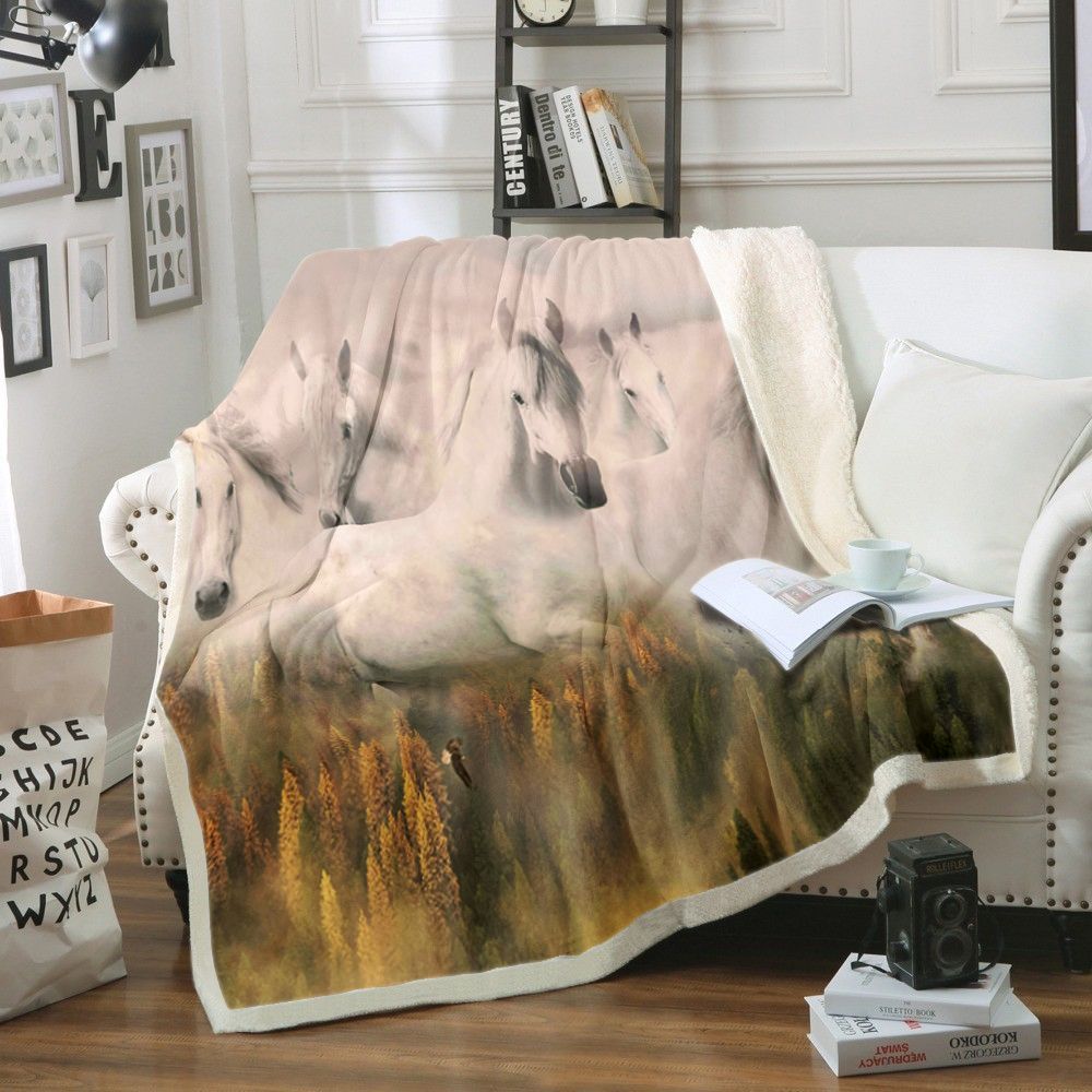 White Horse Sherpa Fleece Blanket