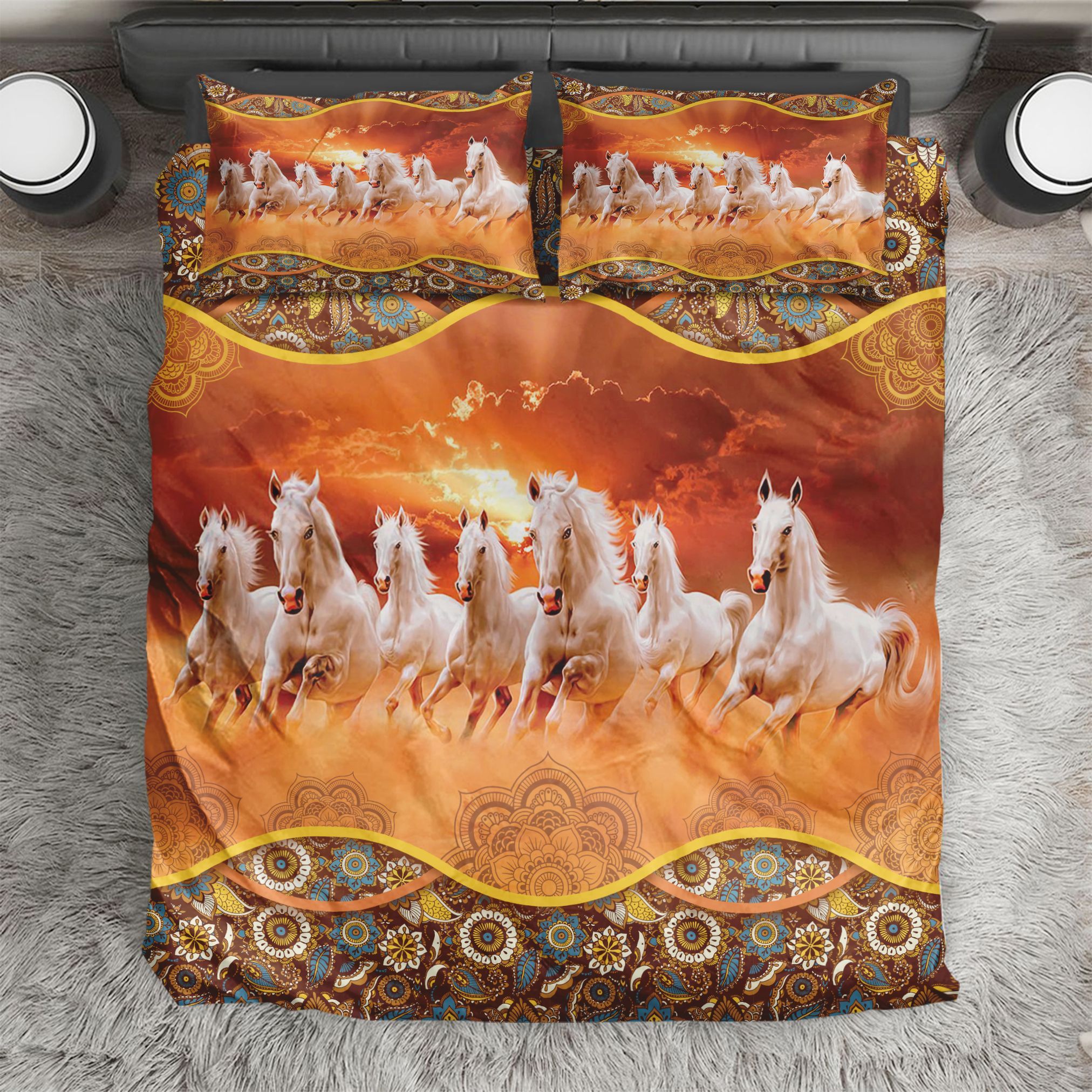 White Horses Running In Sunset Bedding Set
