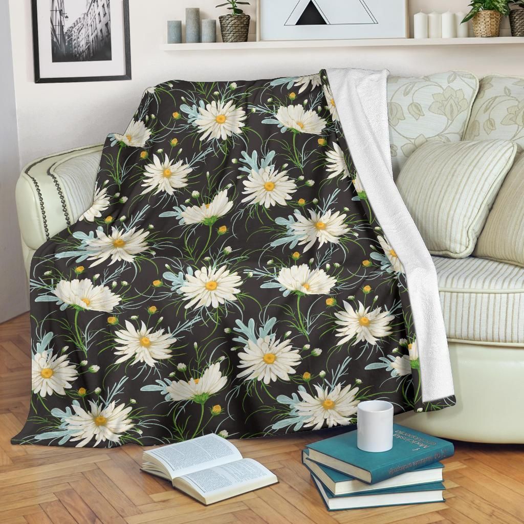 White Japan Daisy Pattern Print Design Fleece Blanket