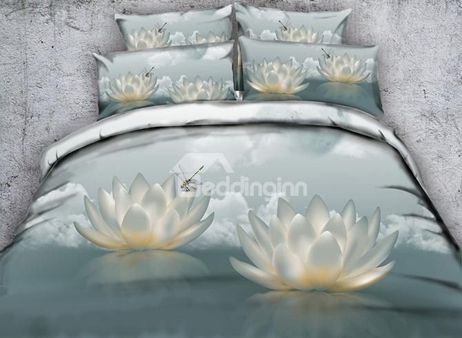 White Lotus And Dragonfly Bedding Set