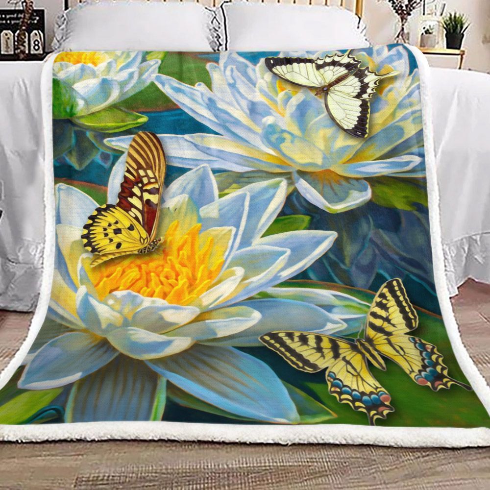 White Lotus Flower Butterfly Sherpa Fleece Blanket