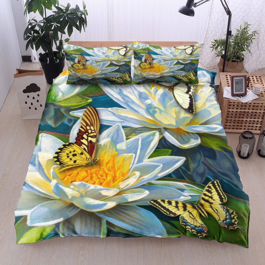 White Lotus Flower Butterfly Bedding Set