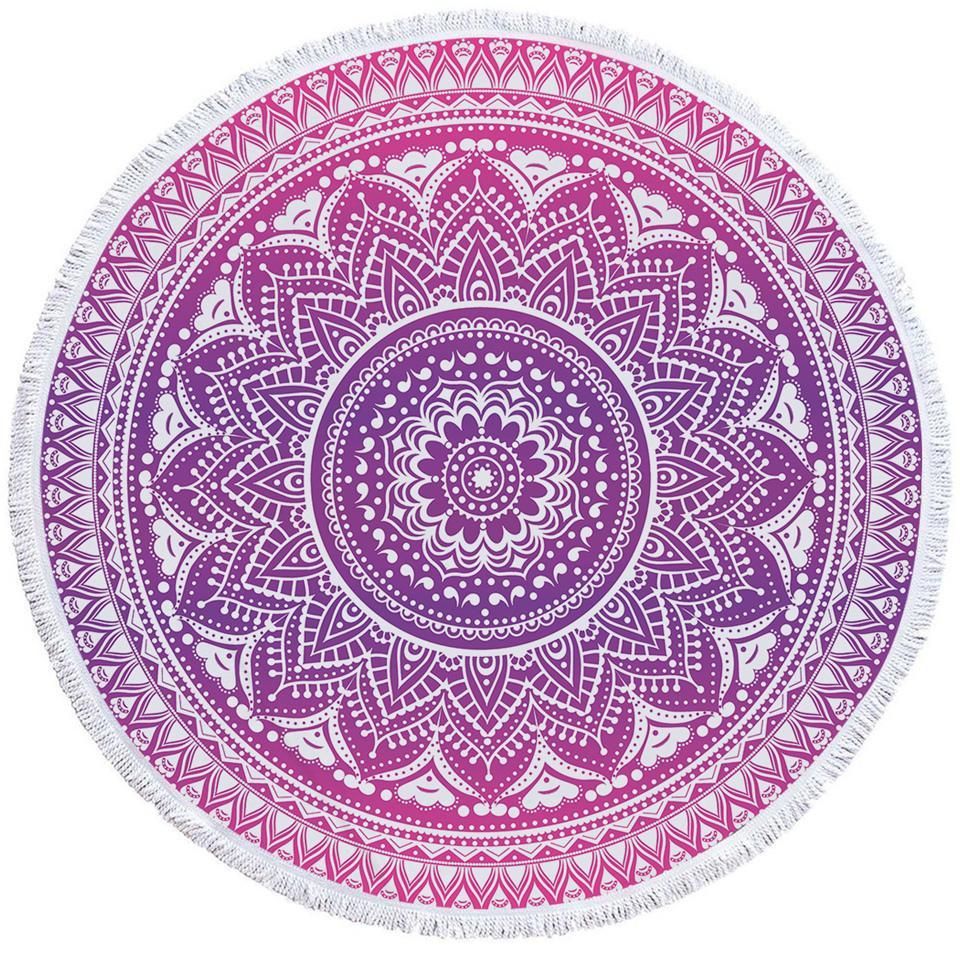 White Mandala Purplish Printed Round Beach Towel