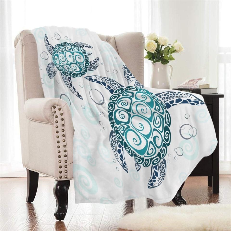 White Native Pattern Fleece Sea Turtle Printed Fleece Blanket