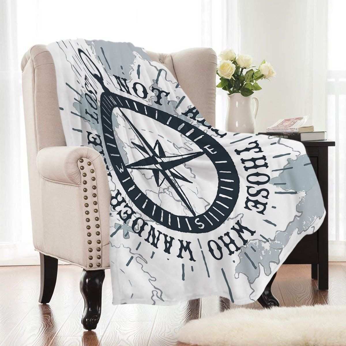 White Nautical Wandering Compass Printed Fleece Blanket