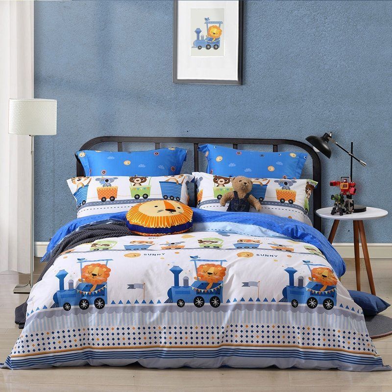 White Orange Gray And Blue Lion And Train Print Animal Bedding Set