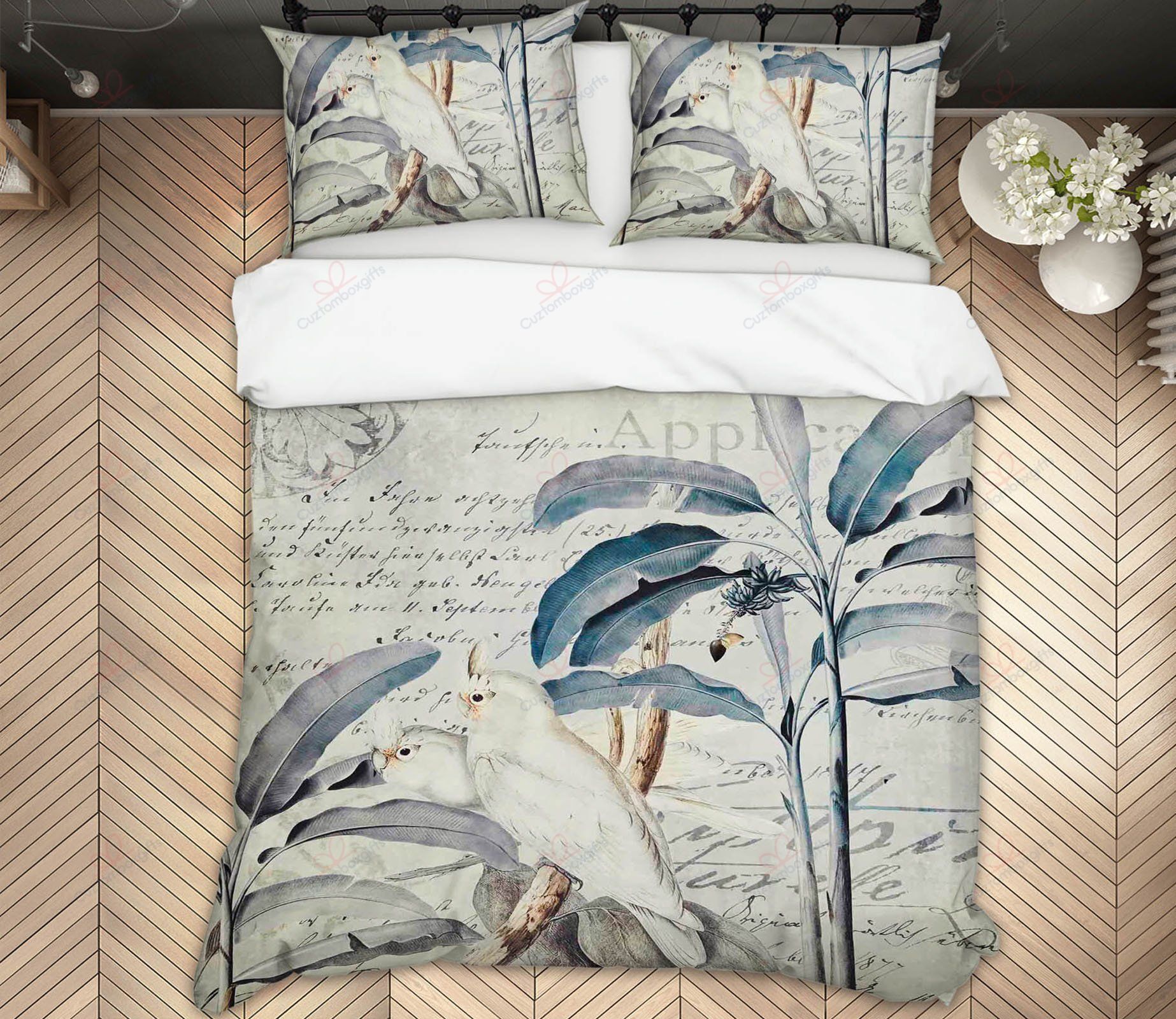 White Parrot Printed Bedding Set