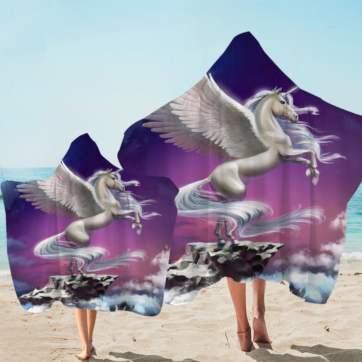 White Pegasus Purple Sky Printed Hooded Towel