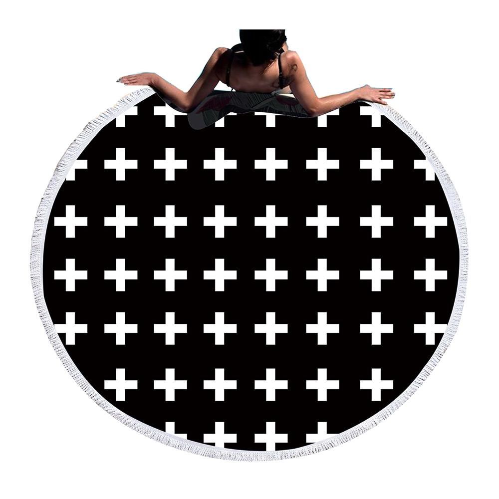 White Plus Sign On Black Printed Round Beach Towel