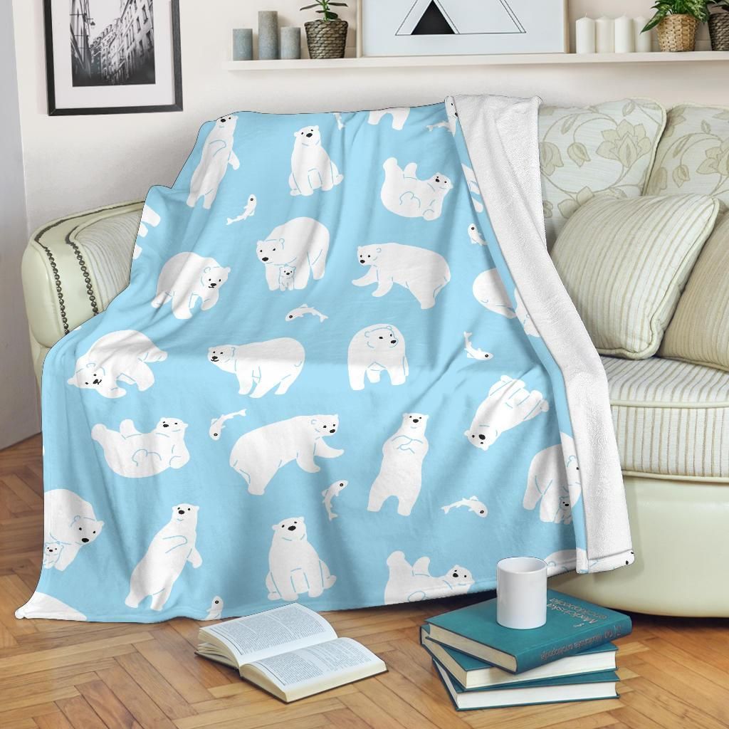 White Polar Bear Pattern Print Design Blue Fleece Blanket