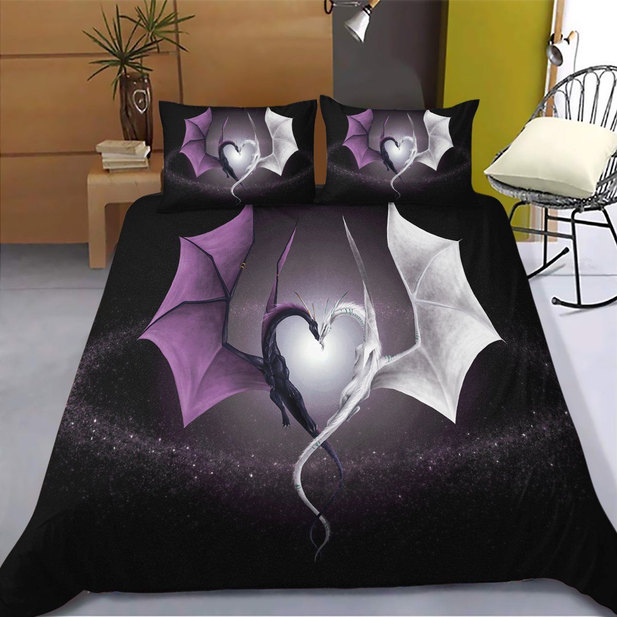 White Purple Dragon Couple Bedding Set