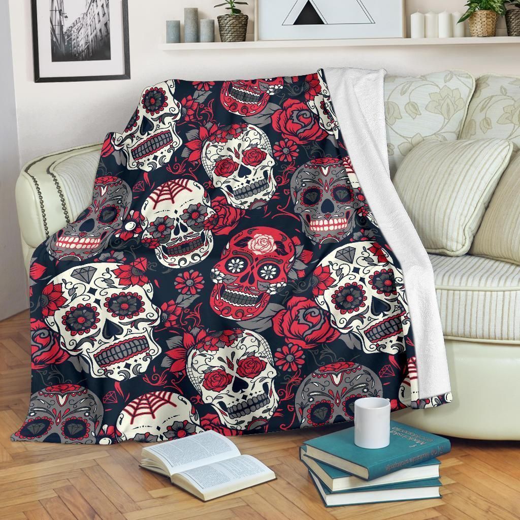 White Red Sugar Skull Sherpa Fleece Blanket
