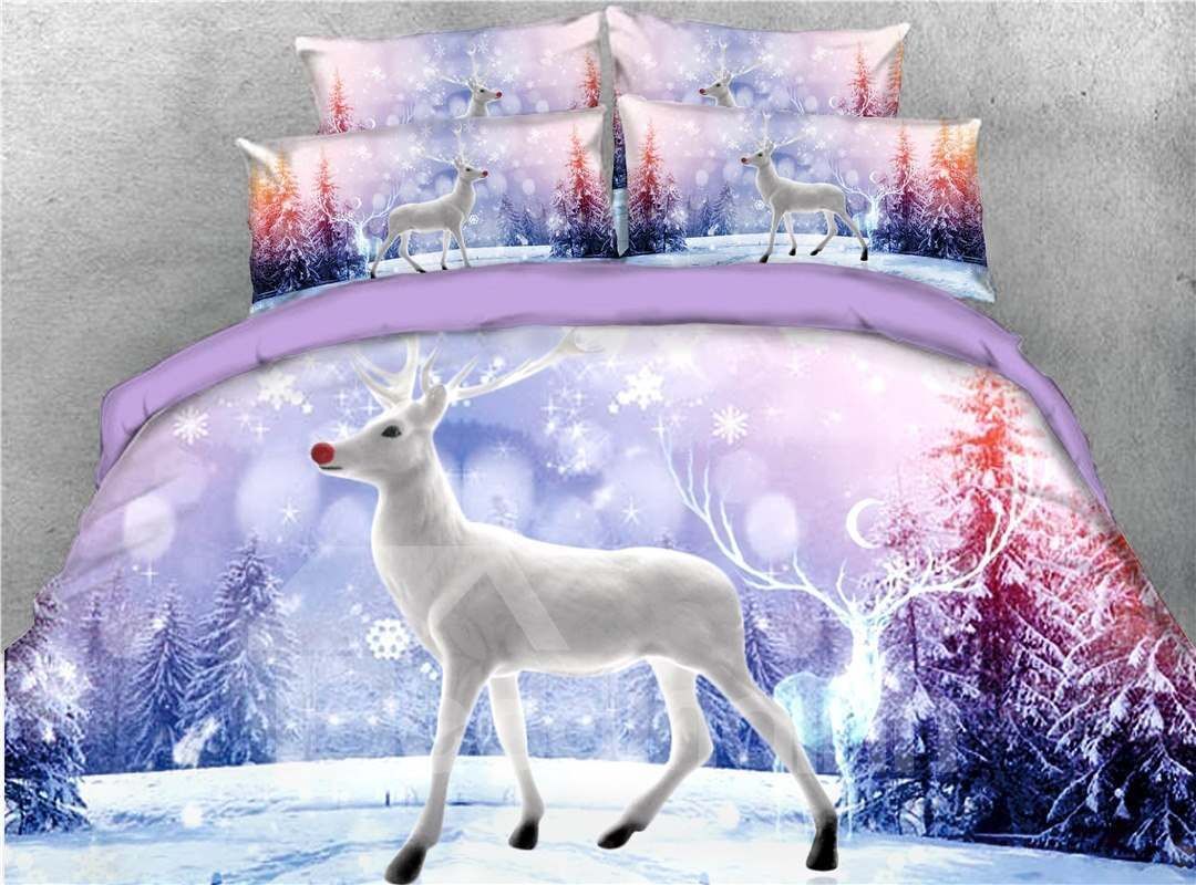 White Reindeer And Snow Covered Christmas Tree Bedding Set