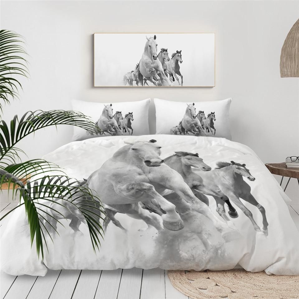White Running Horses Bedding Set