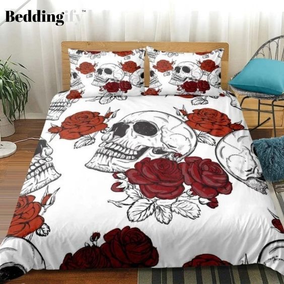 White Skull With Roses Bedding Set