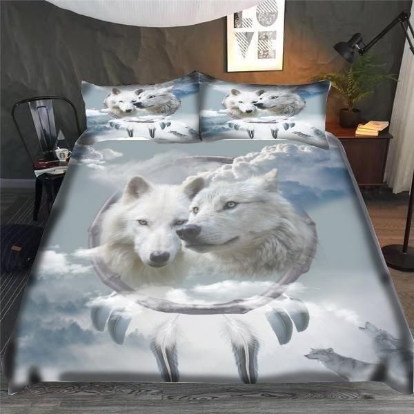 White Sky Wolves Couple Bedding Set