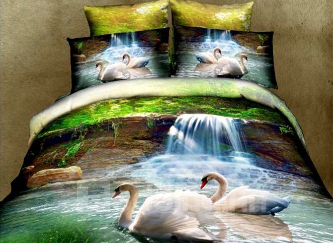 White Swans And Waterfall Bedding Set