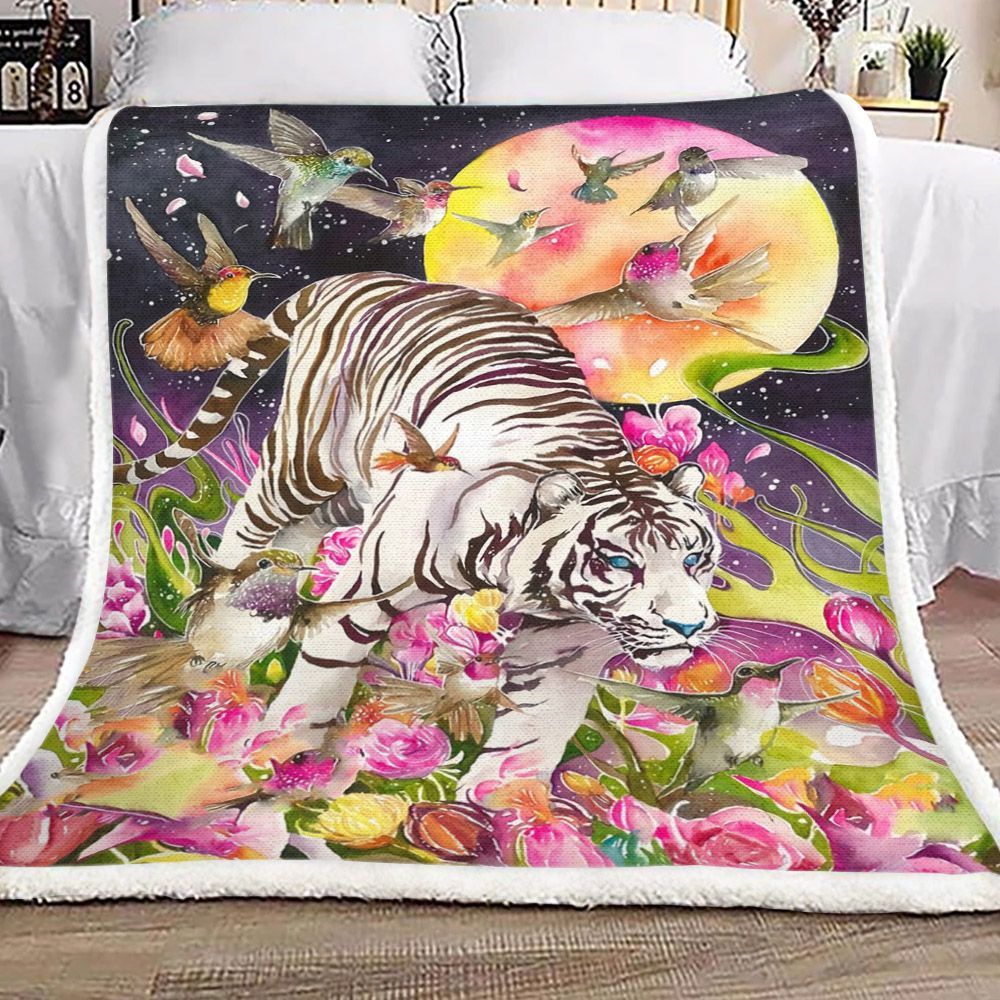 White Tiger Hummingbird Flower Moon Sherpa Fleece Blanket