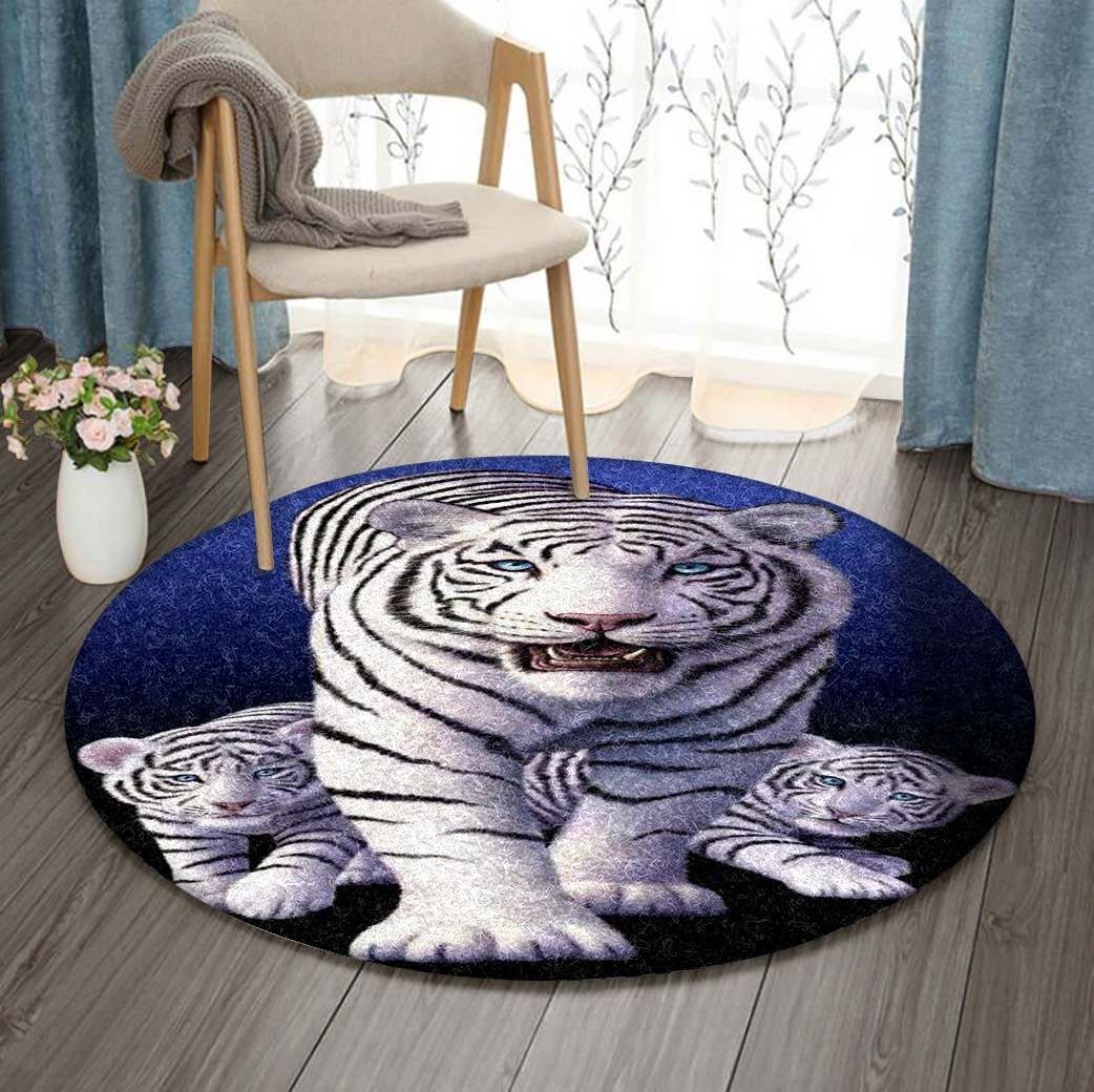White Tigers Round Carpet