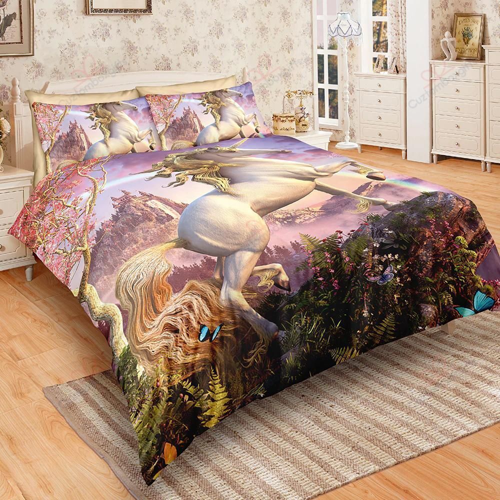 White Unicorn On The Cliff Rainbow Castle Fairytale Bedding Set