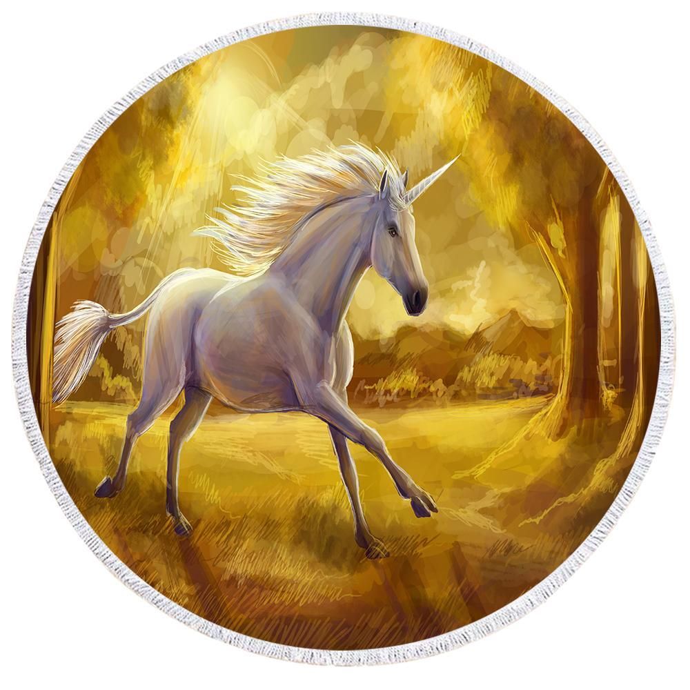 White Unicorn Walk In The Garden Printed Round Beach Towel