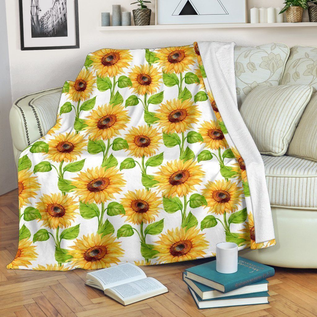 White Watercolor Sunflower Sherpa Fleece Blanket