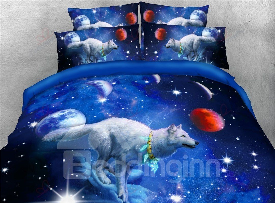 White Wolf And Blue Galaxy Bedding Set