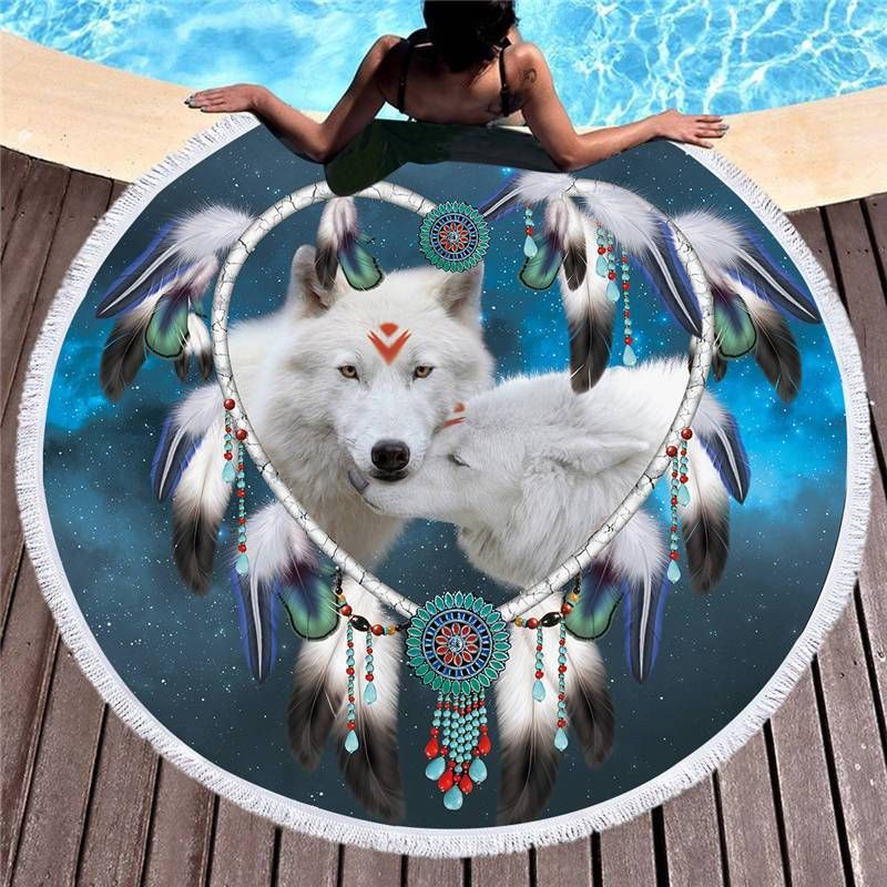 White Wolf Couple Dreamcatcher Printed Round Beach Towel