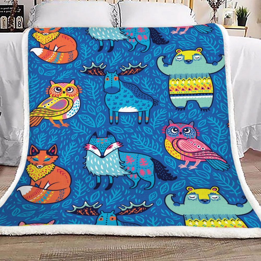 Wild Animal Moose Owl Wolf Fox Bear Sherpa Fleece Blanket