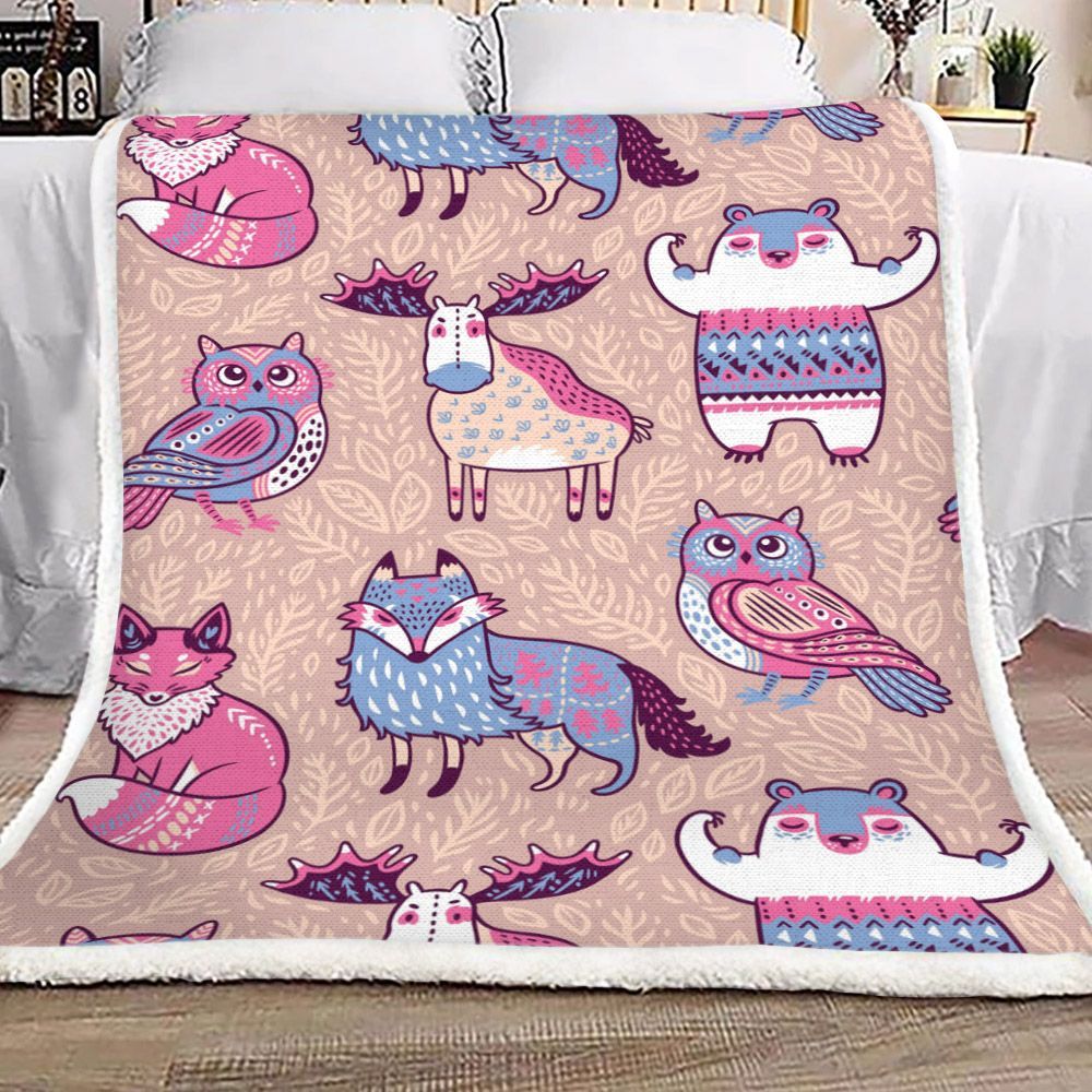 Wild Animal Moose Owl Wolf Fox Bear Sherpa Fleece Blanket