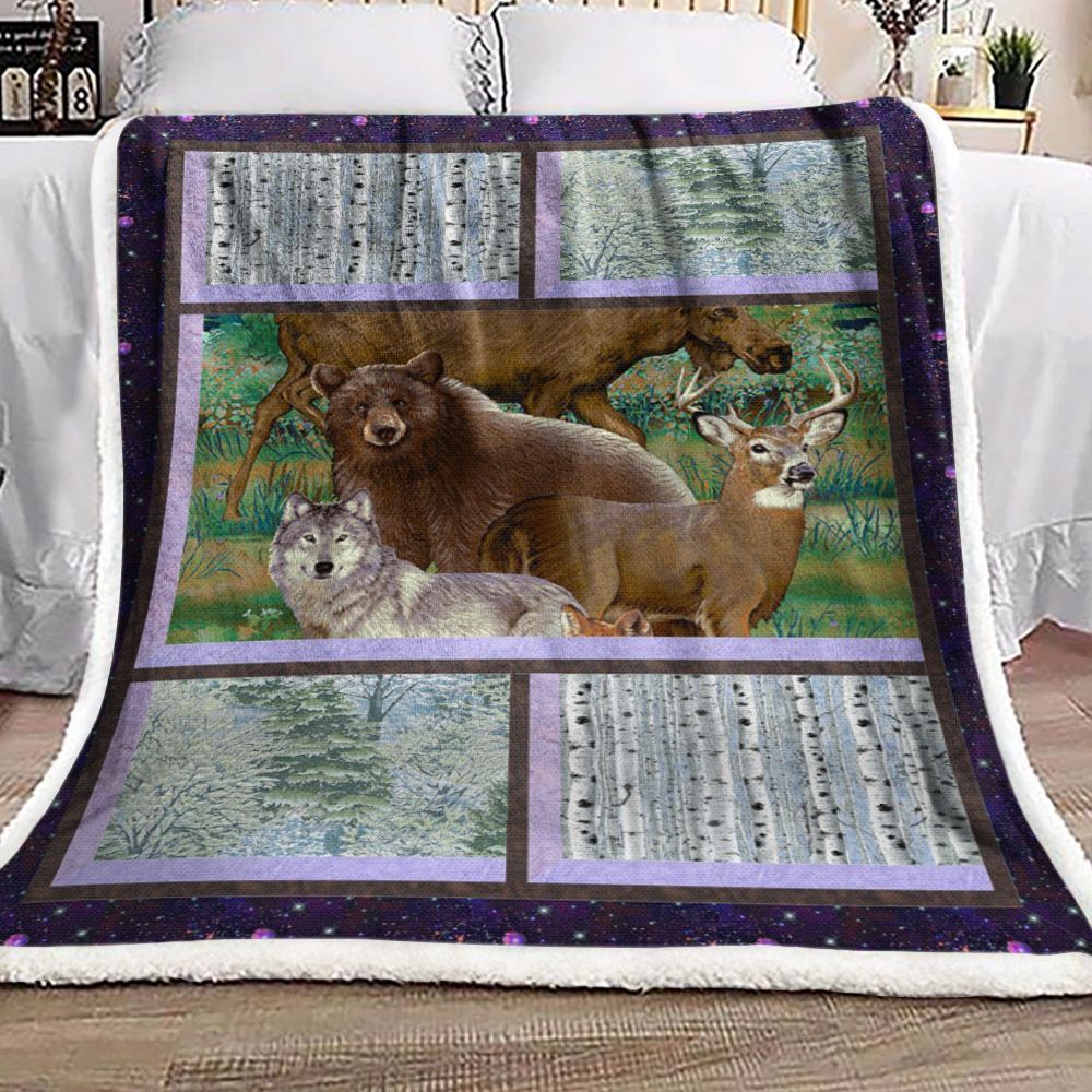 Wild Animals Bear Wolf Moose Sherpa Fleece Blanket