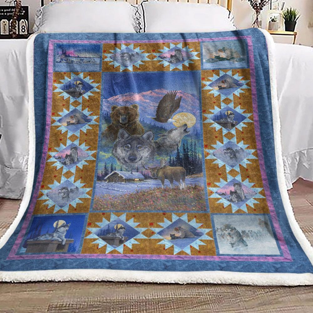 Wild Animals Eagle Bear Wolf Moose Sherpa Fleece Blanket