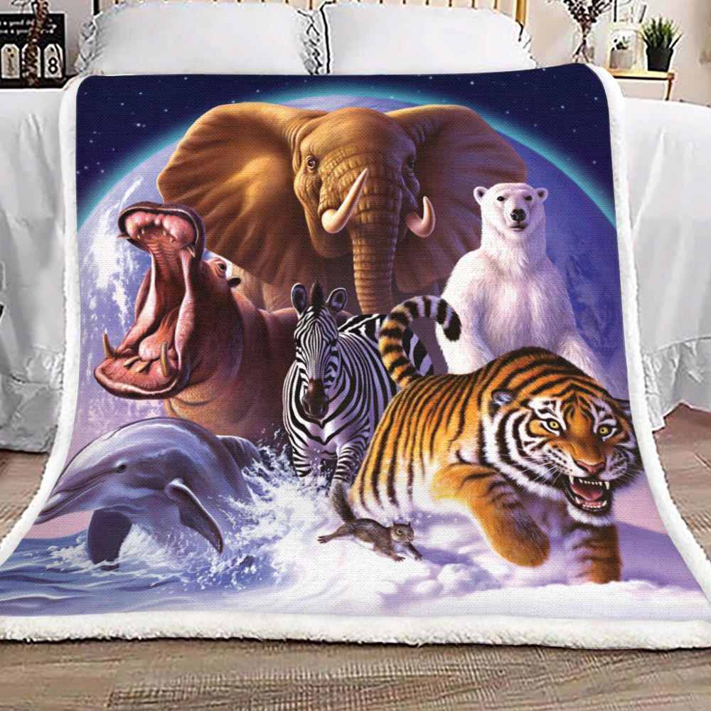 Wild Animals Tiger Elephant Dolphin Polar Bear Zebra Squirrel And Hippo Run Out Of Space Sherpa Fleece Blanket