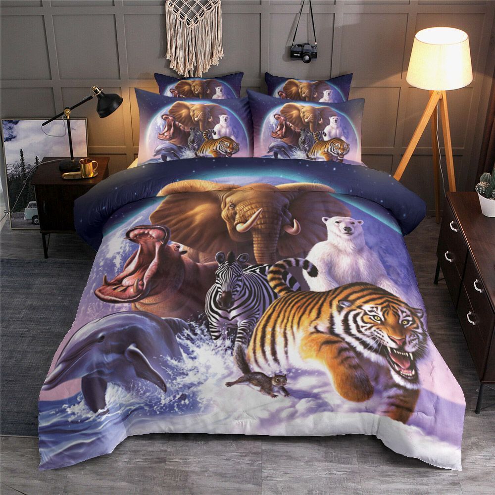 Wild Animals Tiger Elephant Dolphin Polar Bear Zebra Squirrel And Hippo Run Out Of Space Bedding Set