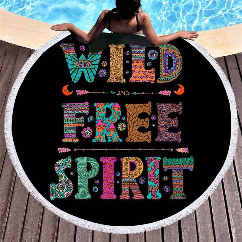 Wild Free Spirit Black Backdrop Printed Round Beach Towel