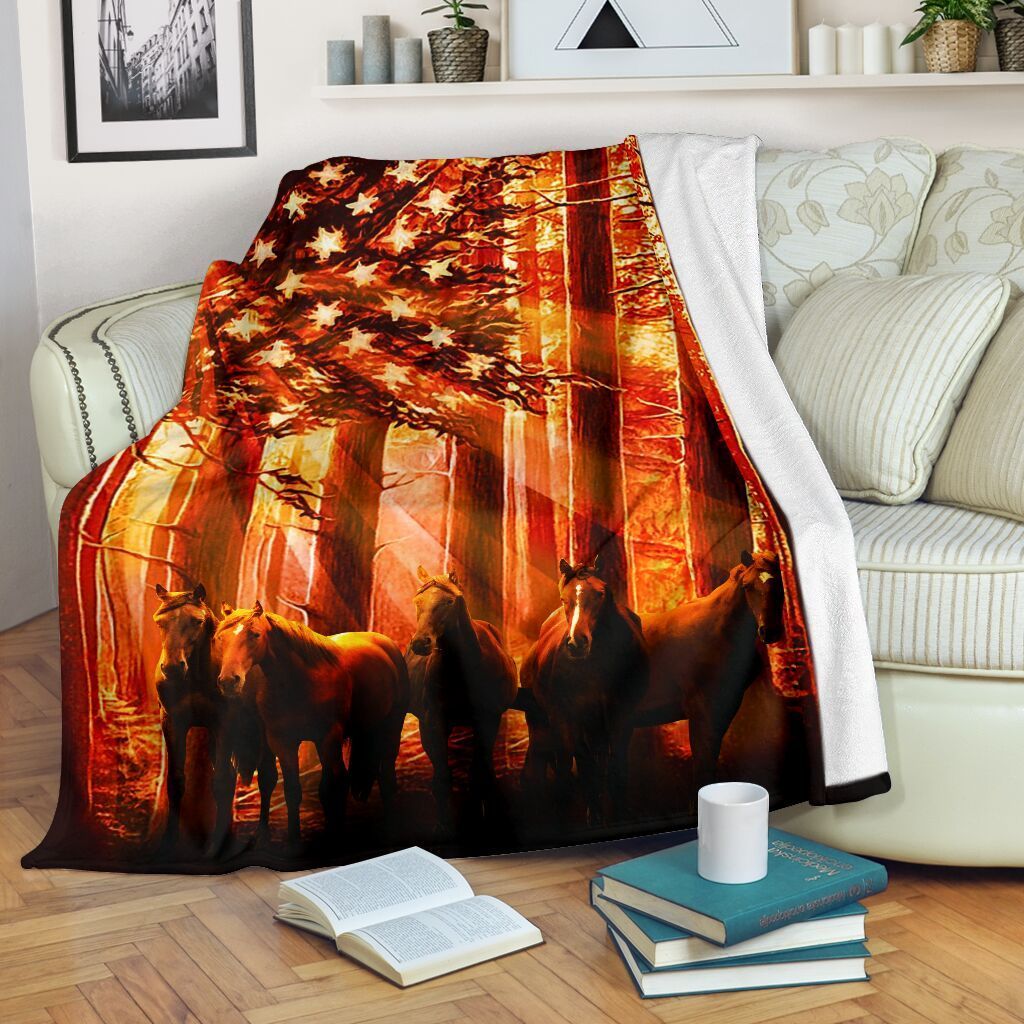 Wild Life Horse Usa Flag Sunset Fleece Blanket Fleece Blanket