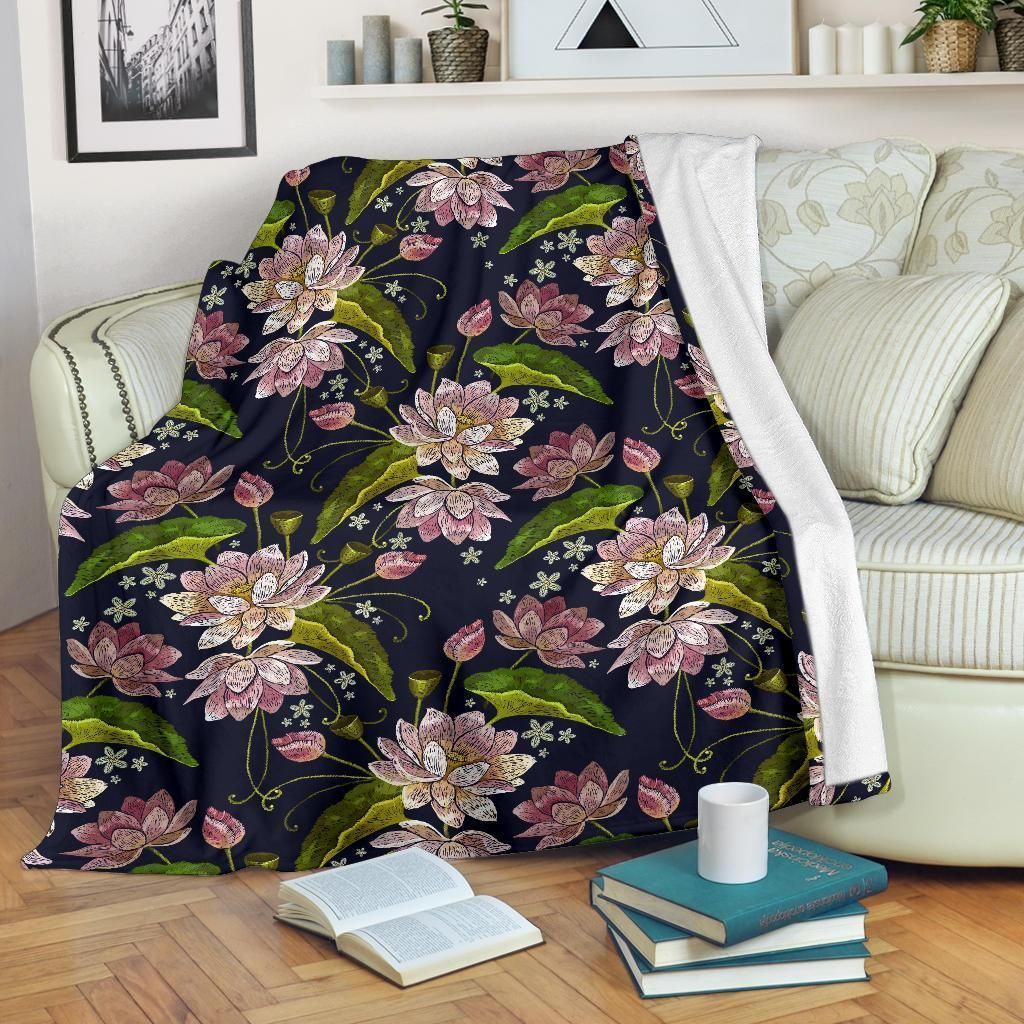 Wild Lotus Embroidered Pattern Print Design Fleece Blanket