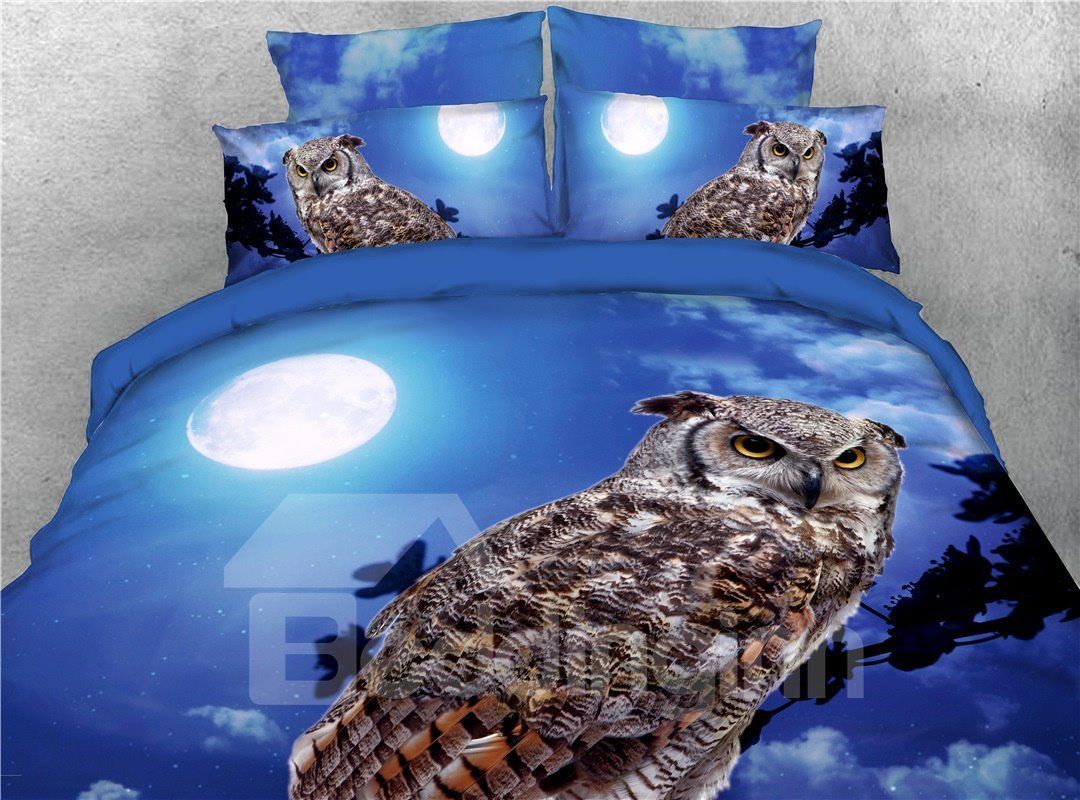 Wild Owl and Moon Blue Bedding Set