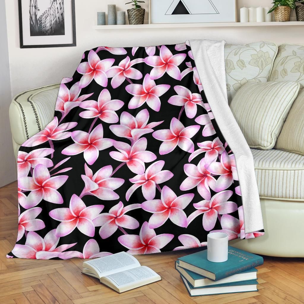 Wild Pink Plumeria Pattern Print Design Black Fleece Blanket