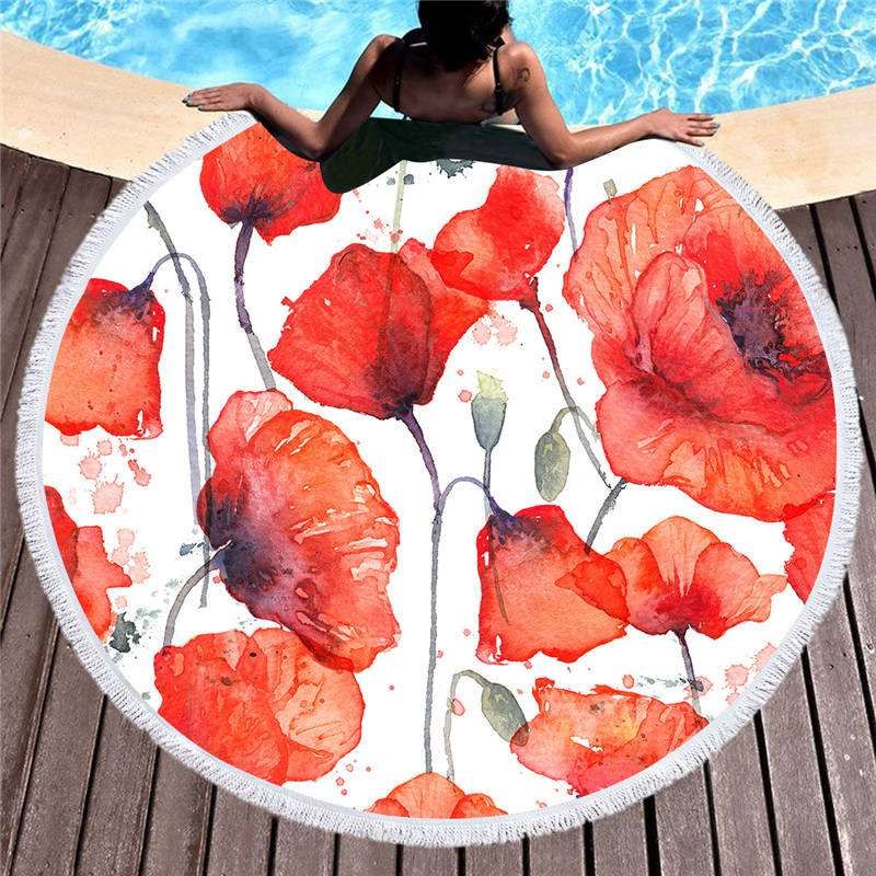 Wild Red Flowers Painting Printed Round Beach Towel