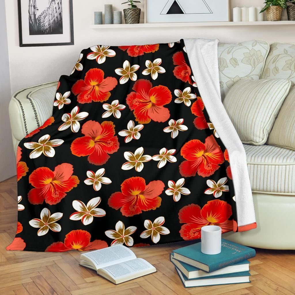 Wild Red Hibiscus Pattern Print Design Black Fleece Blanket
