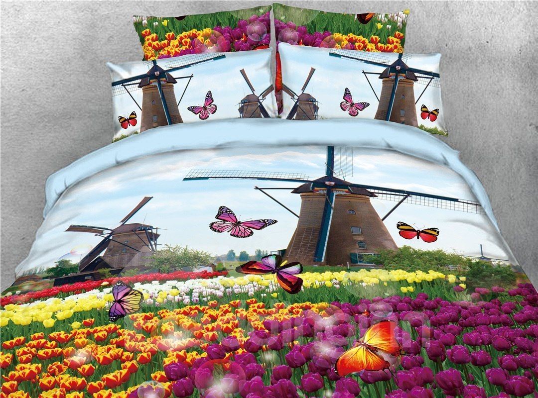 Windmill and Purple Tulips Butterfly Bedding Set