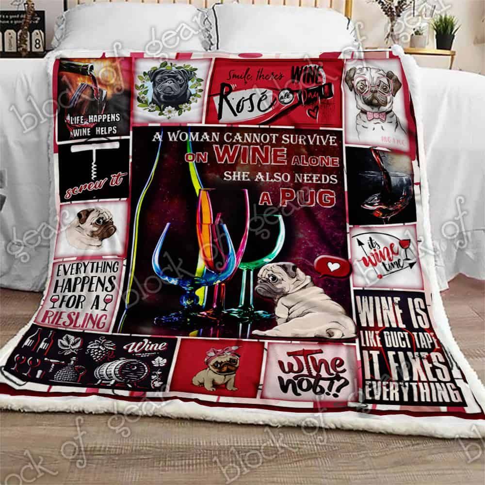 Wine And Pug Fleece Blanket