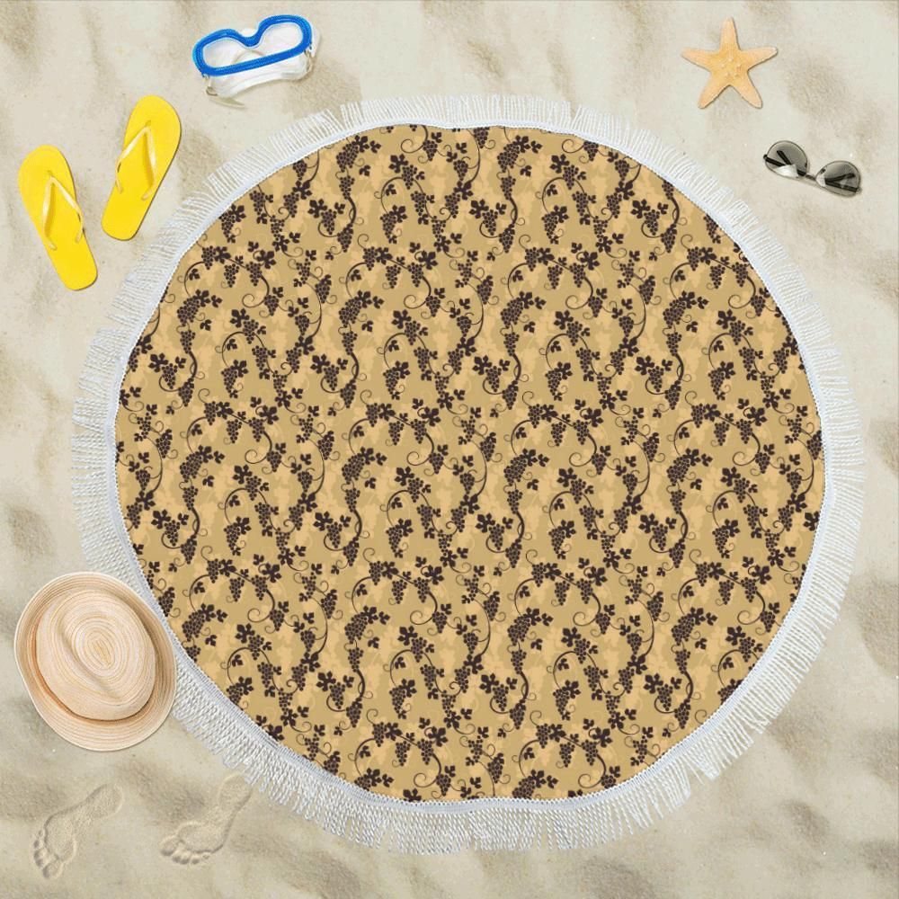 Wine Grape Design Beige Printed Round Beach Towel