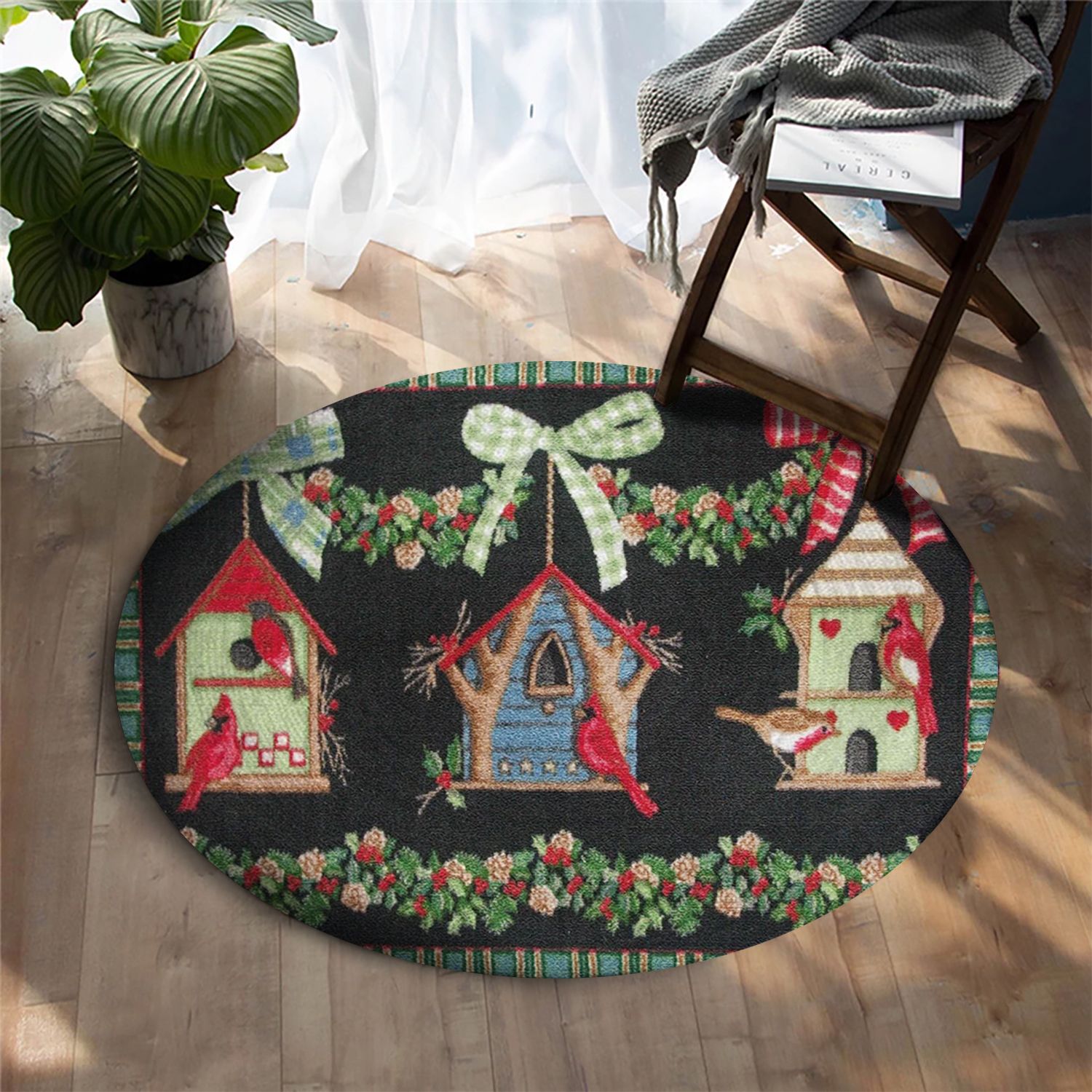 Winter Birdhouses Round Carpet